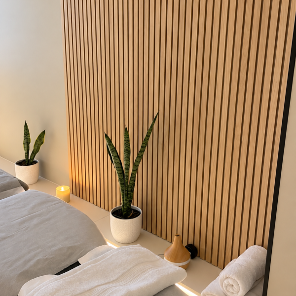 Sala de spa cálida con pared de madera y plantas